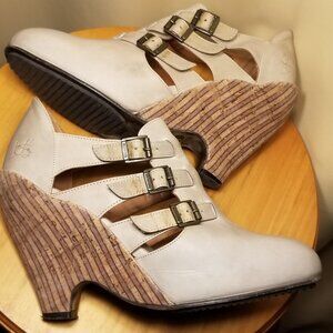 FLUEVOG Gray Farrah Sz 9.5 Adjustable Triple Strap Leather/Cork Wedge '70s Style